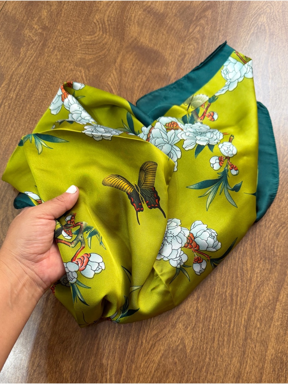 Vibrant Olive Green Floral & Butterfly Silky feeling Scarf